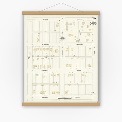 Old map wall art mockup — magnetic wood frame on white wall — Sanborn Fire Insurance Map from Denison, Grayson County, Texas (1908), Sheet #0035
