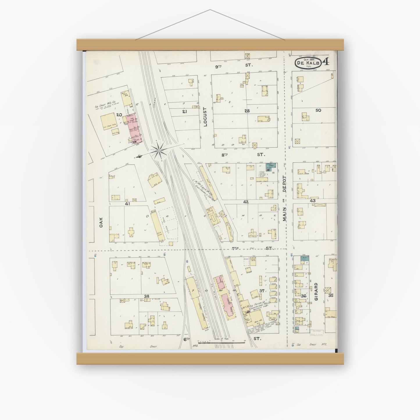 Old map wall art mockup — magnetic wood frame on white wall — Sanborn Fire Insurance Map from De Kalb, De Kalb County, Illinois (1891), Sheet #0004