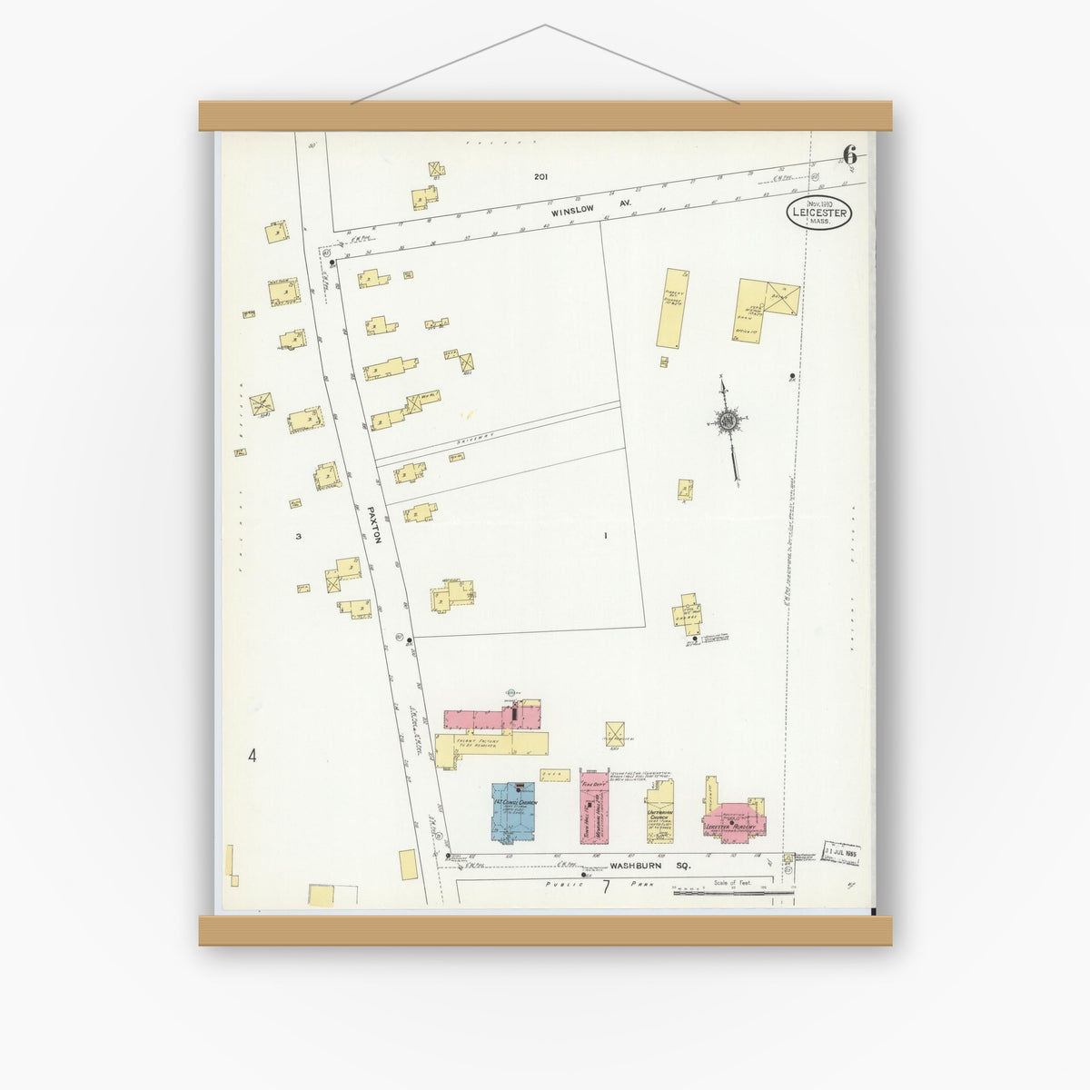 Old map wall art mockup — magnetic wood frame on white wall — Sanborn Fire Insurance Map from Leicester, Worcester County, Massachusetts (1910), Sheet #0006