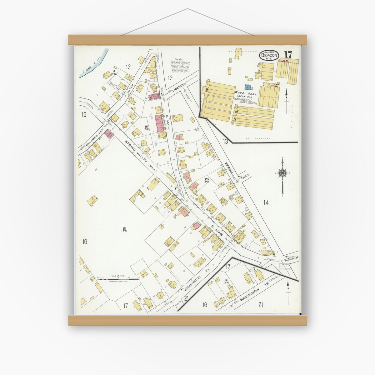 Old map wall art mockup — magnetic wood frame on white wall — Sanborn Fire Insurance Map from Beacon, Dutchess County, New York (1919), Sheet #0017