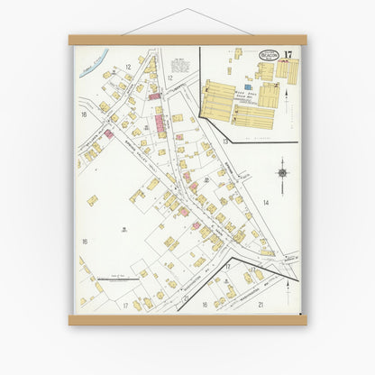 Old map wall art mockup — magnetic wood frame on white wall — Sanborn Fire Insurance Map from Beacon, Dutchess County, New York (1919), Sheet #0017