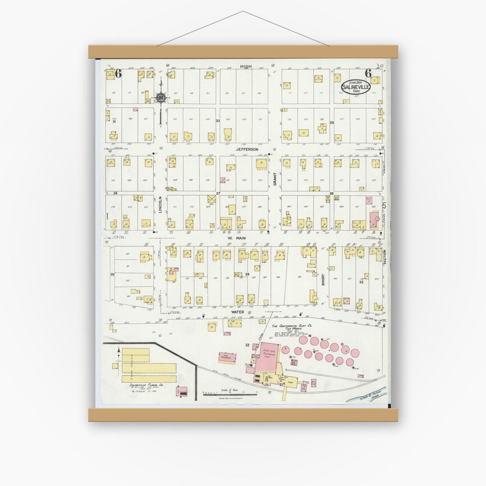 Old map wall art mockup — magnetic wood frame on white wall — Sanborn Fire Insurance Map from Salineville, Columbiana County, Ohio (1924), Sheet #0006