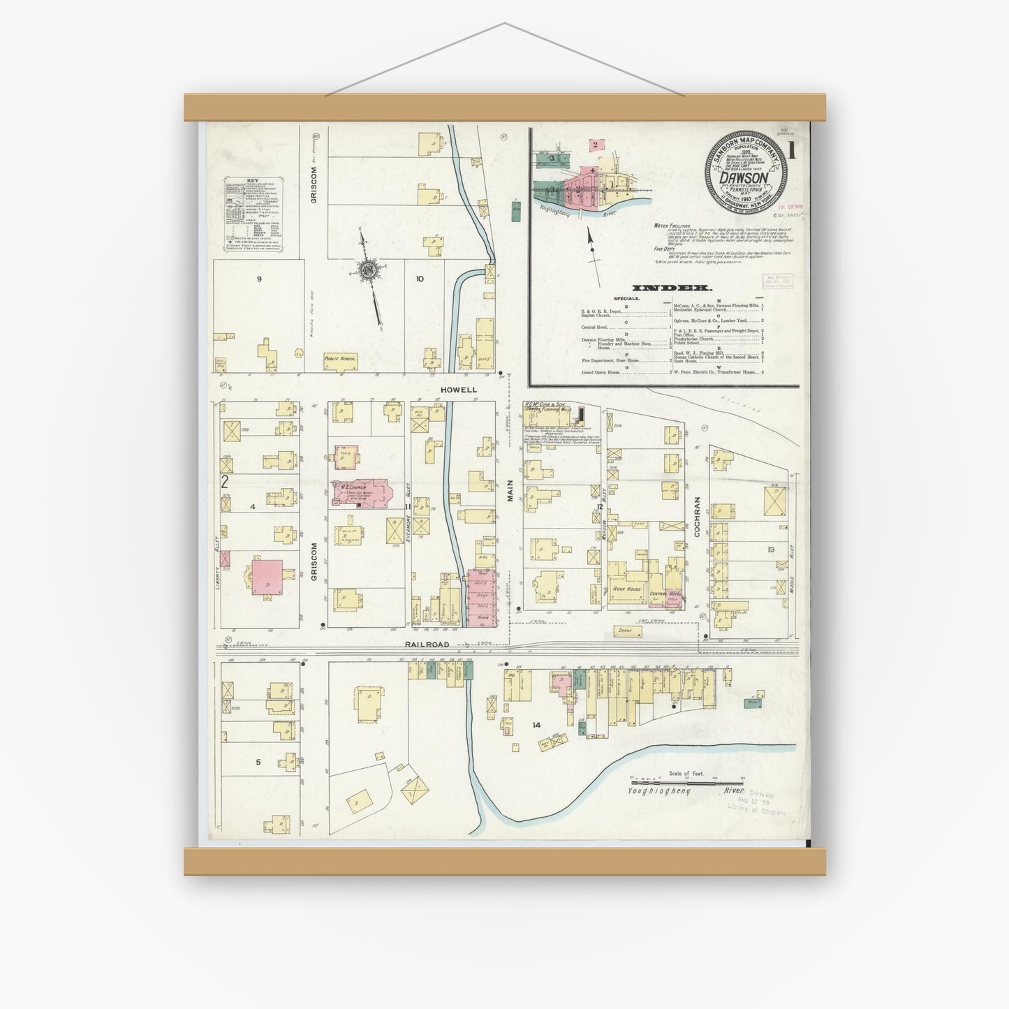 Old map wall art mockup — magnetic wood frame on white wall — Sanborn Fire Insurance Map from Dawson, Fayette County, Pennsylvania (1910), Sheet #0001