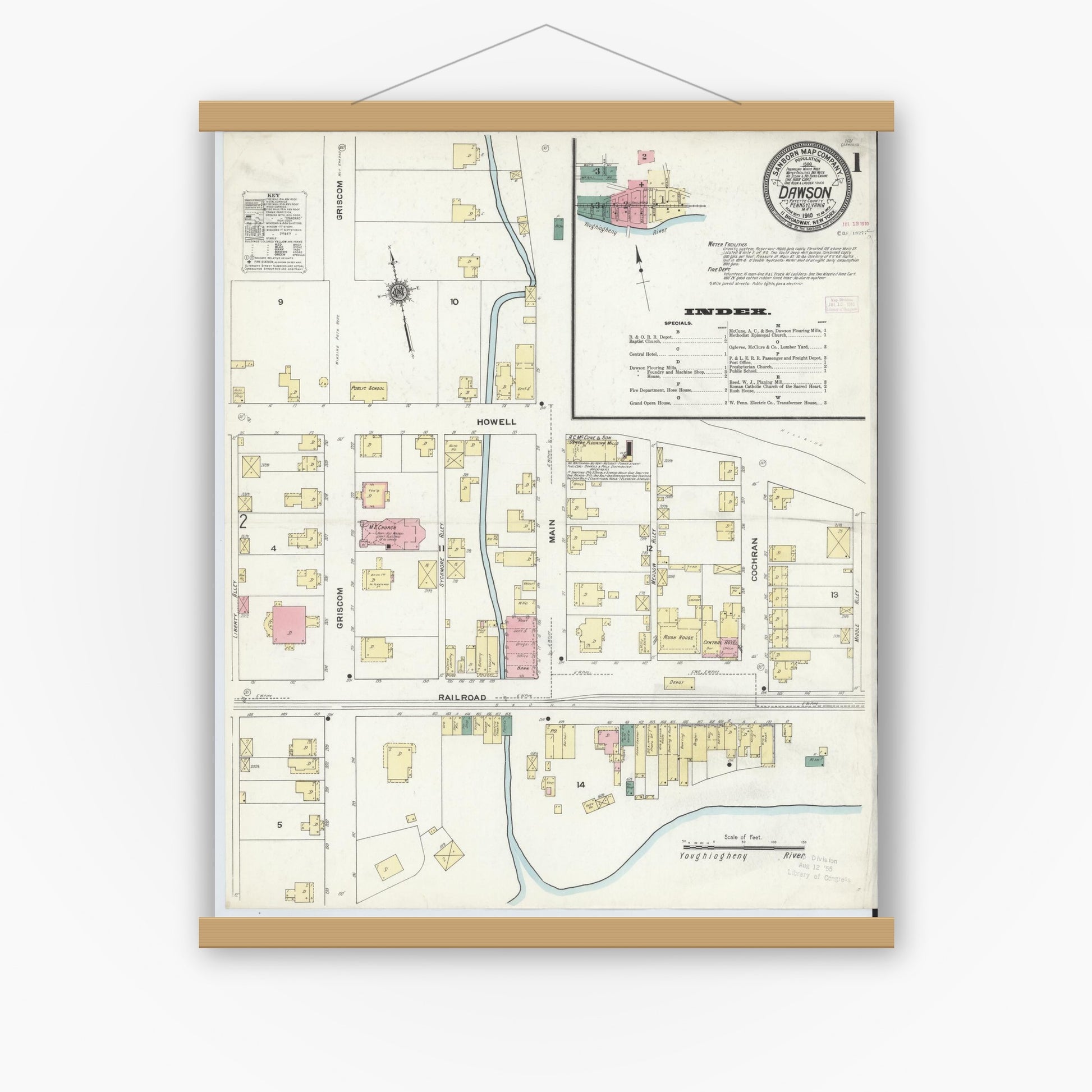Old map wall art mockup — magnetic wood frame on white wall — Sanborn Fire Insurance Map from Dawson, Fayette County, Pennsylvania (1910), Sheet #0001