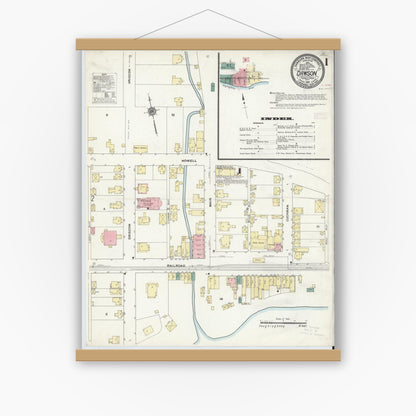 Old map wall art mockup — magnetic wood frame on white wall — Sanborn Fire Insurance Map from Dawson, Fayette County, Pennsylvania (1910), Sheet #0001