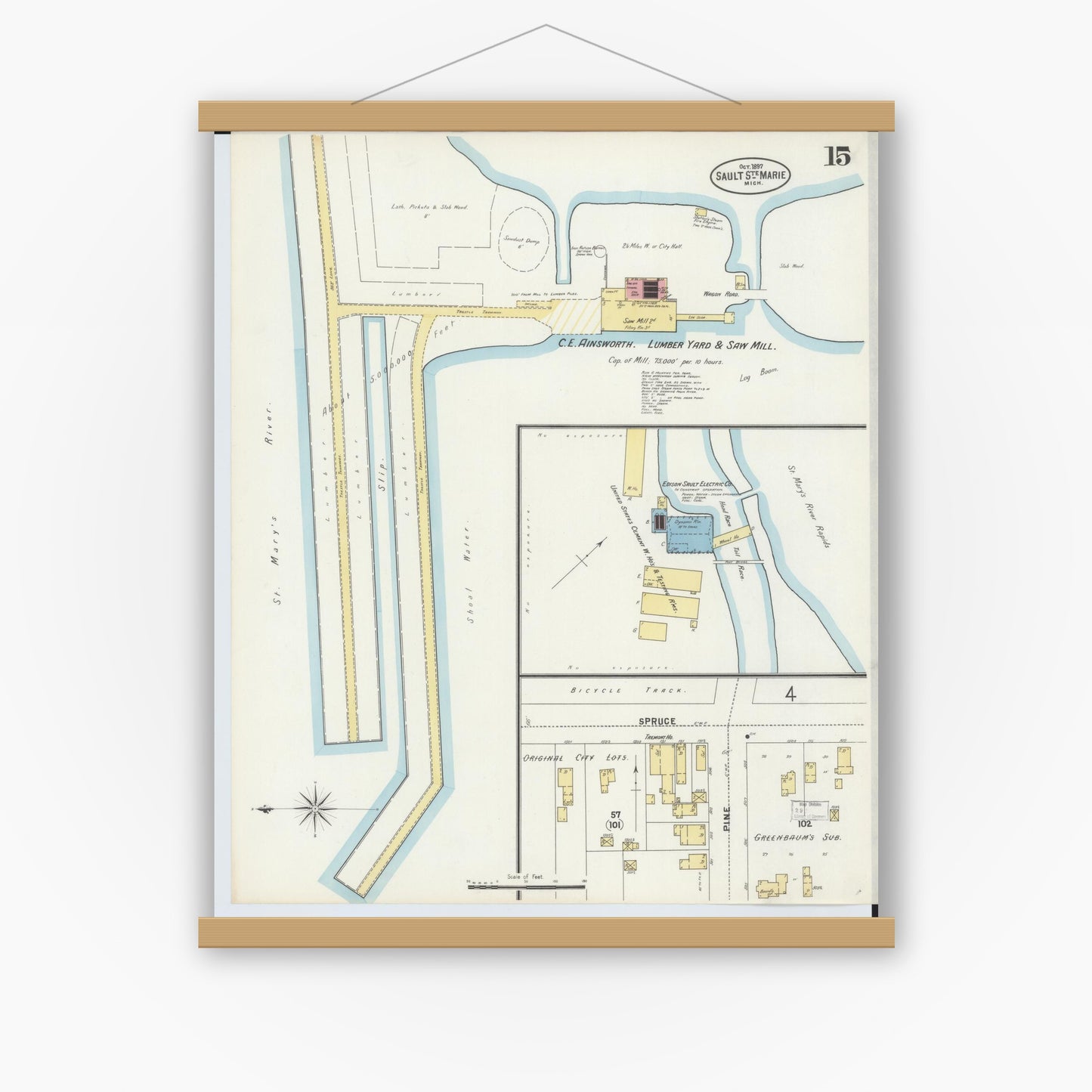 Old map wall art mockup — magnetic wood frame on white wall — Sanborn Fire Insurance Map from Sault Sainte Marie, Chippewa County, Michigan (1897), Sheet #0015