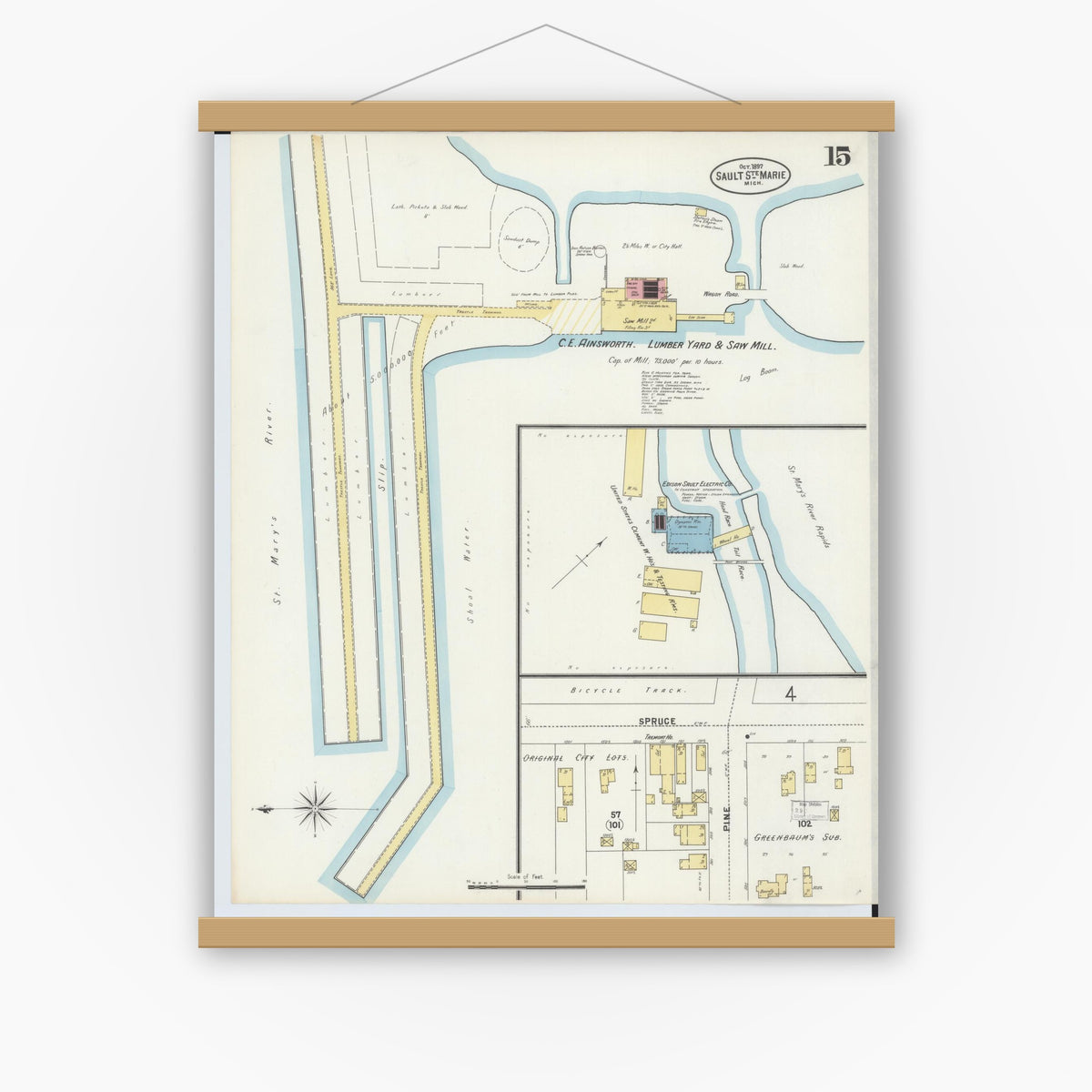 Old map wall art mockup — magnetic wood frame on white wall — Sanborn Fire Insurance Map from Sault Sainte Marie, Chippewa County, Michigan (1897), Sheet #0015