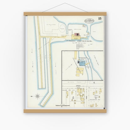 Old map wall art mockup — magnetic wood frame on white wall — Sanborn Fire Insurance Map from Sault Sainte Marie, Chippewa County, Michigan (1897), Sheet #0015