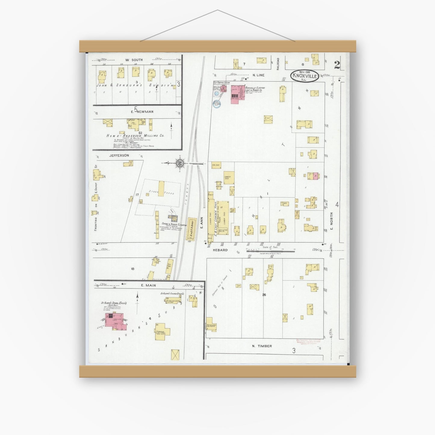 Old map wall art mockup — magnetic wood frame on white wall — Sanborn Fire Insurance Map from Knoxville, Knox County, Illinois (1918), Sheet #0002