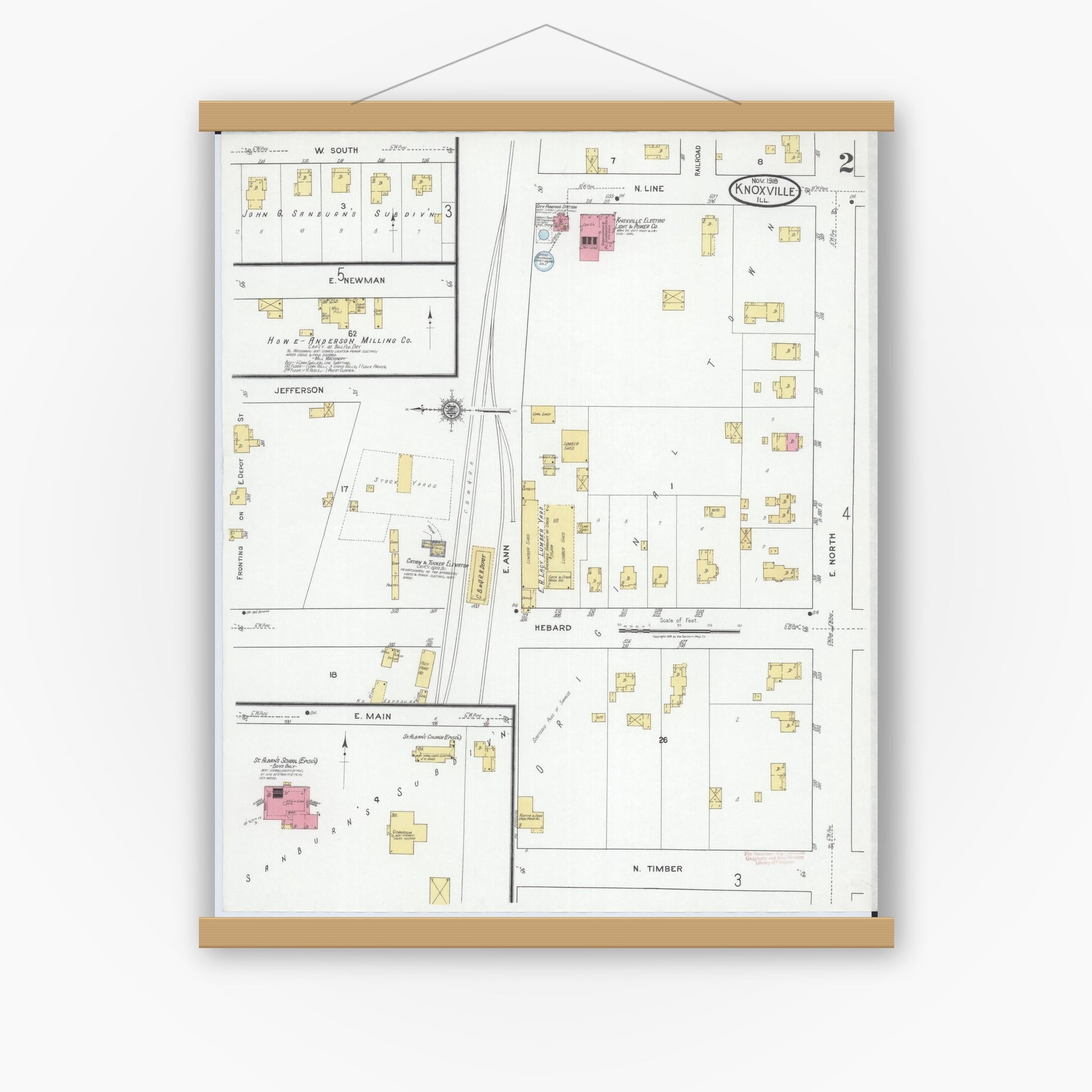 Old map wall art mockup — magnetic wood frame on white wall — Sanborn Fire Insurance Map from Knoxville, Knox County, Illinois (1918), Sheet #0002