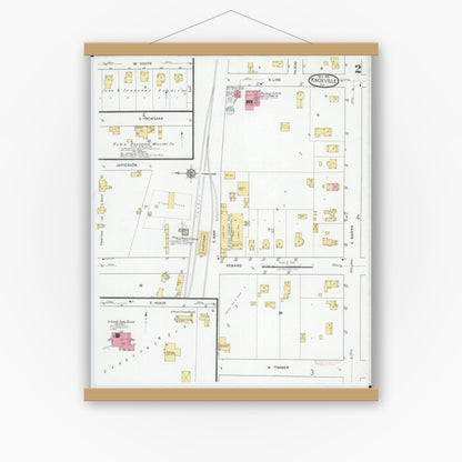 Old map wall art mockup — magnetic wood frame on white wall — Sanborn Fire Insurance Map from Knoxville, Knox County, Illinois (1918), Sheet #0002