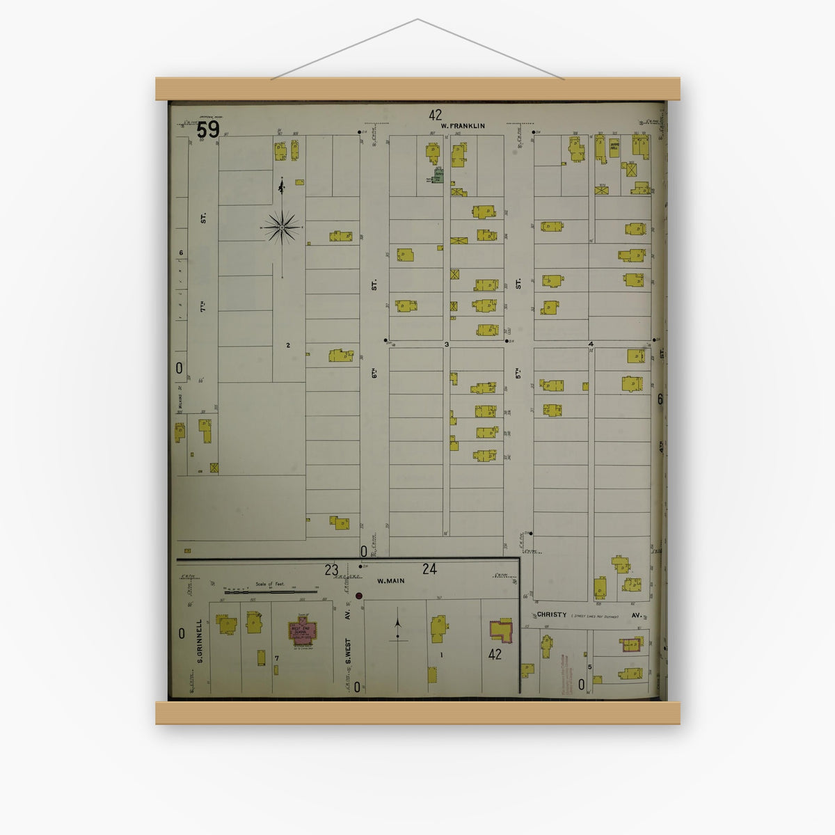 Old map wall art mockup — magnetic wood frame on white wall — Sanborn Fire Insurance Map from Jackson, Jackson County, Michigan (1907), Sheet #0059