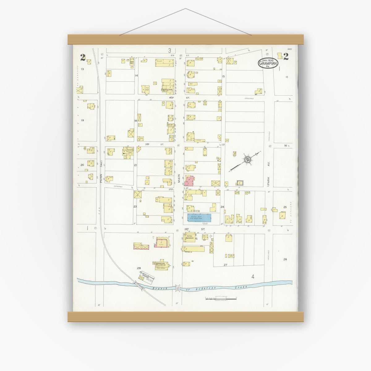 Old map wall art mockup — magnetic wood frame on white wall — Sanborn Fire Insurance Map from Grampian, Clearfield County, Pennsylvania (1930), Sheet #0002
