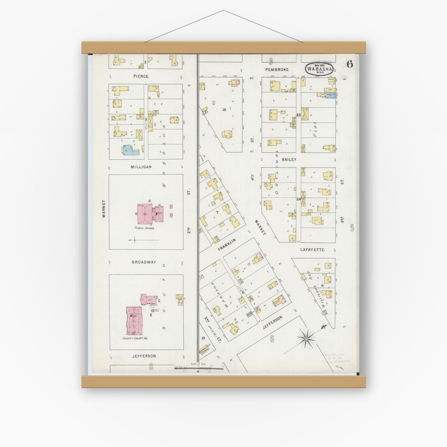 Old map wall art mockup — magnetic wood frame on white wall — Sanborn Fire Insurance Map from Wabasha, Wabasha County, Minnesota (1895), Sheet #0006