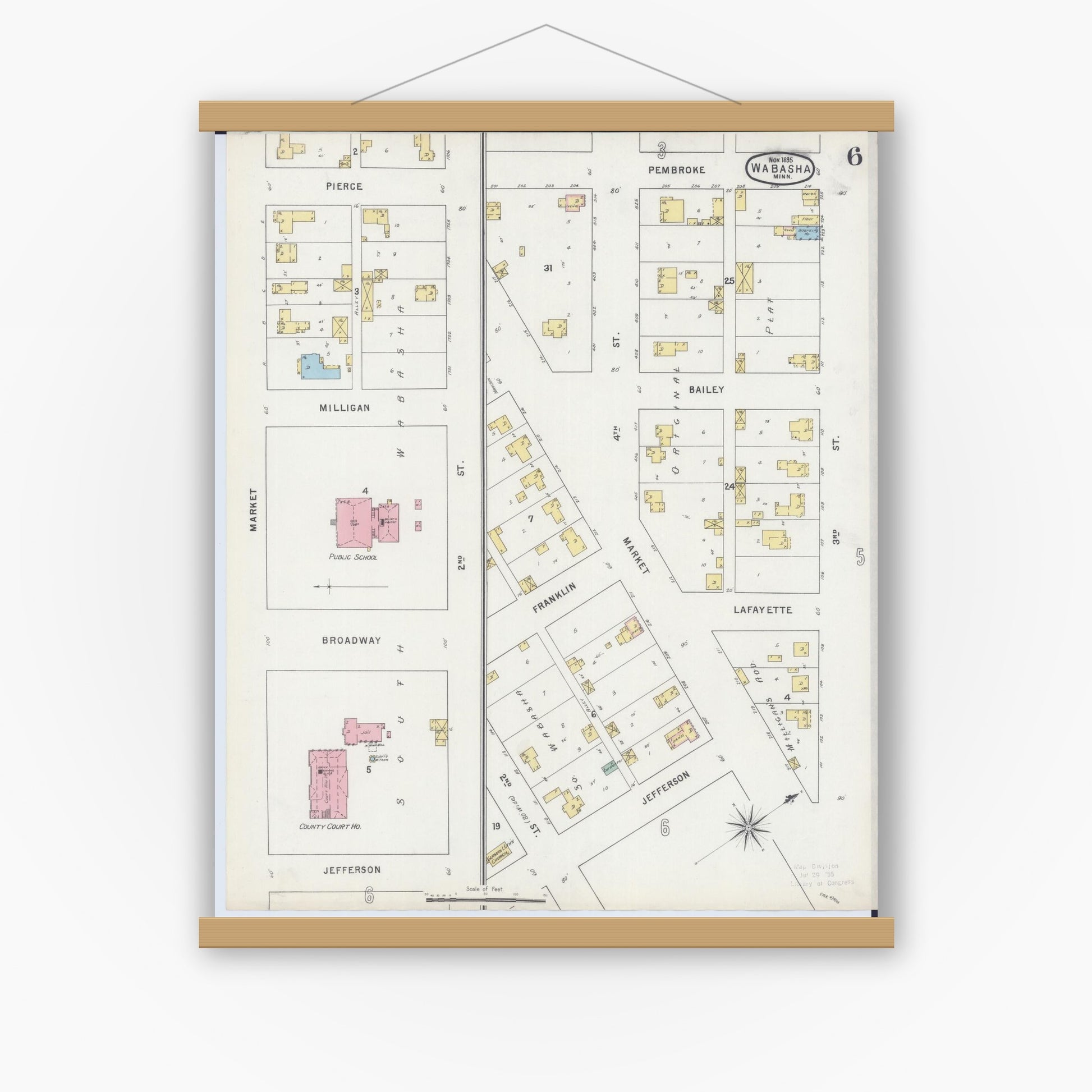 Old map wall art mockup — magnetic wood frame on white wall — Sanborn Fire Insurance Map from Wabasha, Wabasha County, Minnesota (1895), Sheet #0006
