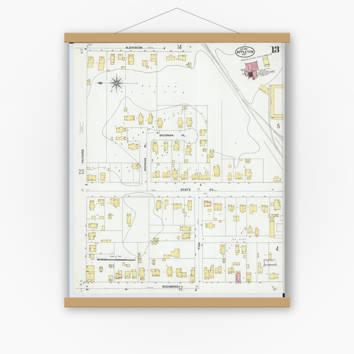 Old map wall art mockup — magnetic wood frame on white wall — Sanborn Fire Insurance Map from Appleton, Outagamie County, Wisconsin (1901), Sheet #0013