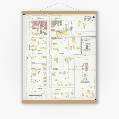 Old map wall art mockup — magnetic wood frame on white wall — Sanborn Fire Insurance Map from Rushville, Schuyler County, Illinois (1900), Sheet #0006