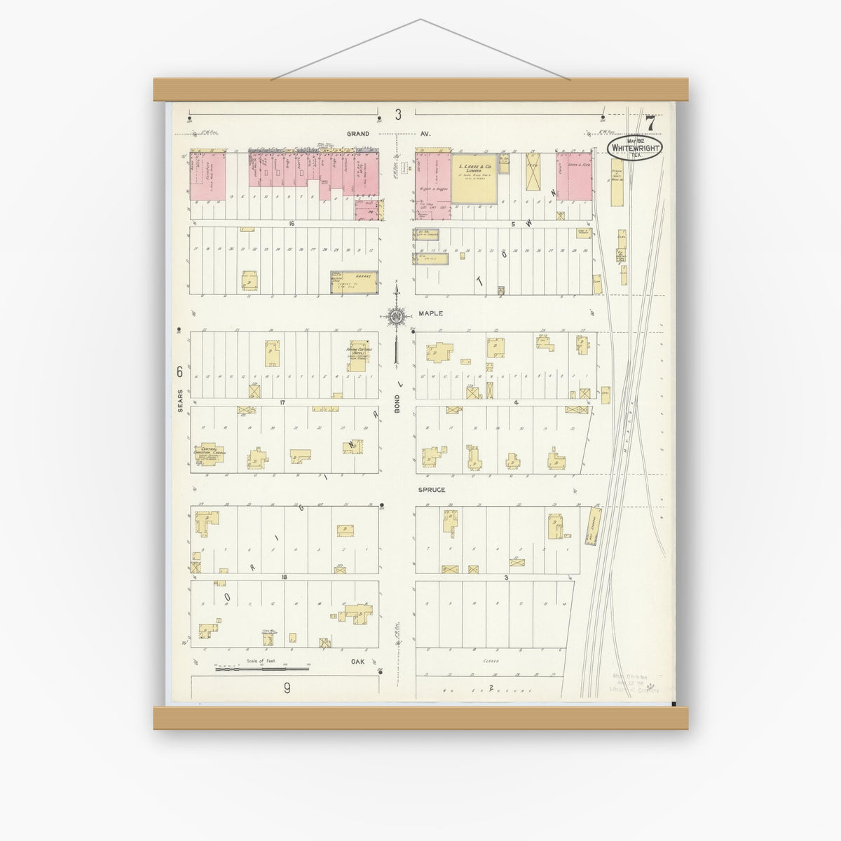 Old map wall art mockup — magnetic wood frame on white wall — Sanborn Fire Insurance Map from Whitewright, Grayson County, Texas (1912), Sheet #0007