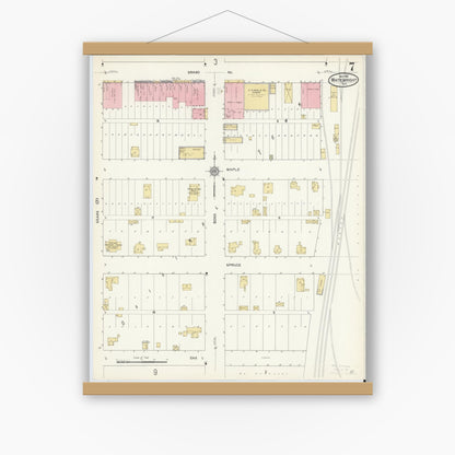 Old map wall art mockup — magnetic wood frame on white wall — Sanborn Fire Insurance Map from Whitewright, Grayson County, Texas (1912), Sheet #0007