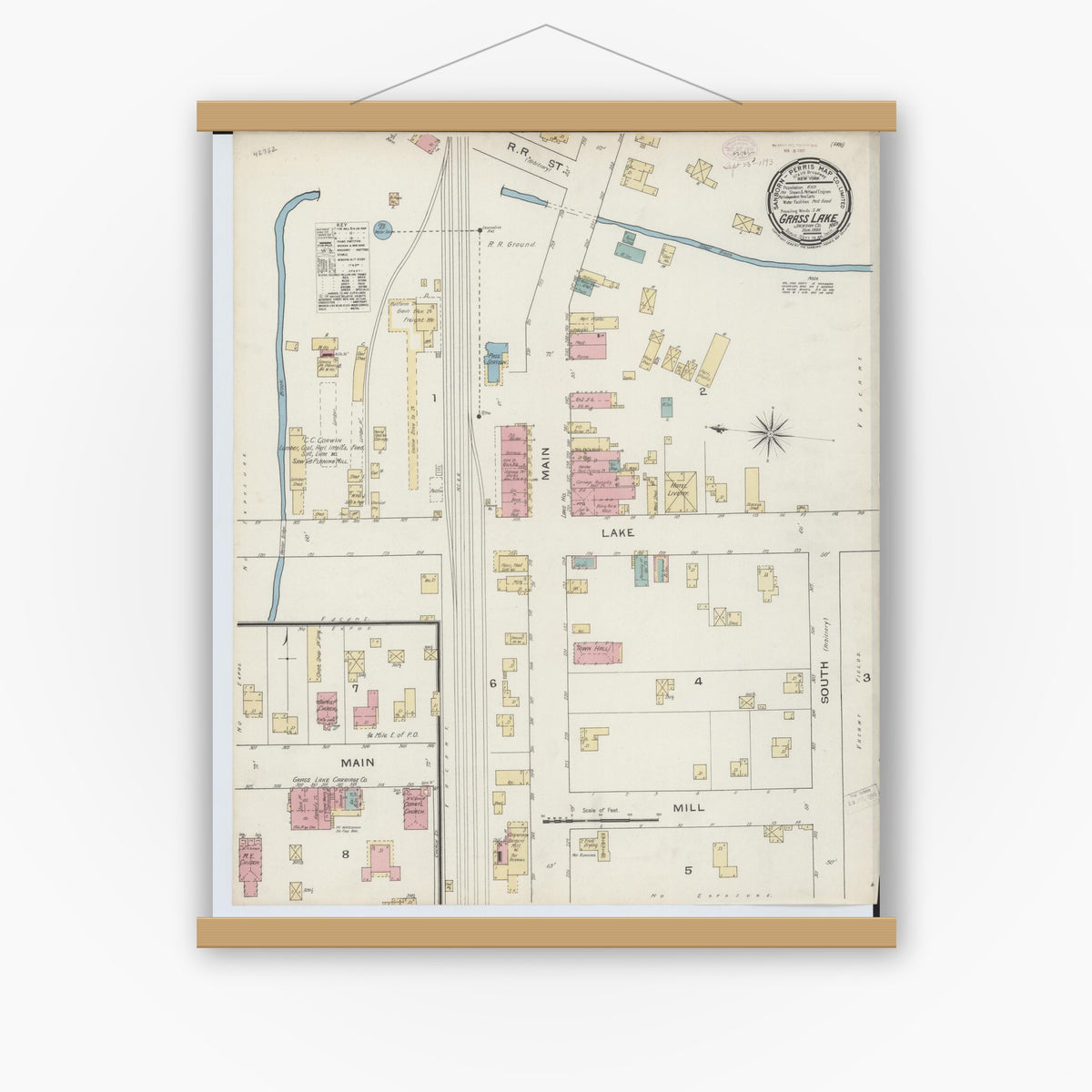 Old map wall art mockup — magnetic wood frame on white wall — Sanborn Fire Insurance Map from Grass Lake, Jackson County, Michigan (1893), Sheet #0001