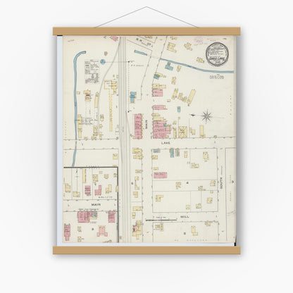 Old map wall art mockup — magnetic wood frame on white wall — Sanborn Fire Insurance Map from Grass Lake, Jackson County, Michigan (1893), Sheet #0001