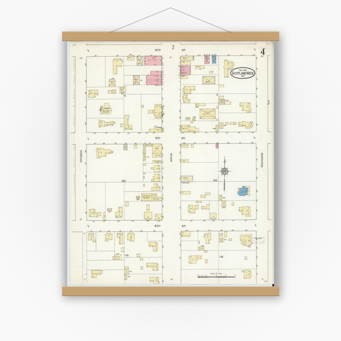 Old map wall art mockup — magnetic wood frame on white wall — Sanborn Fire Insurance Map from Scotland Neck, Halifax County, North Carolina (1913), Sheet #0004
