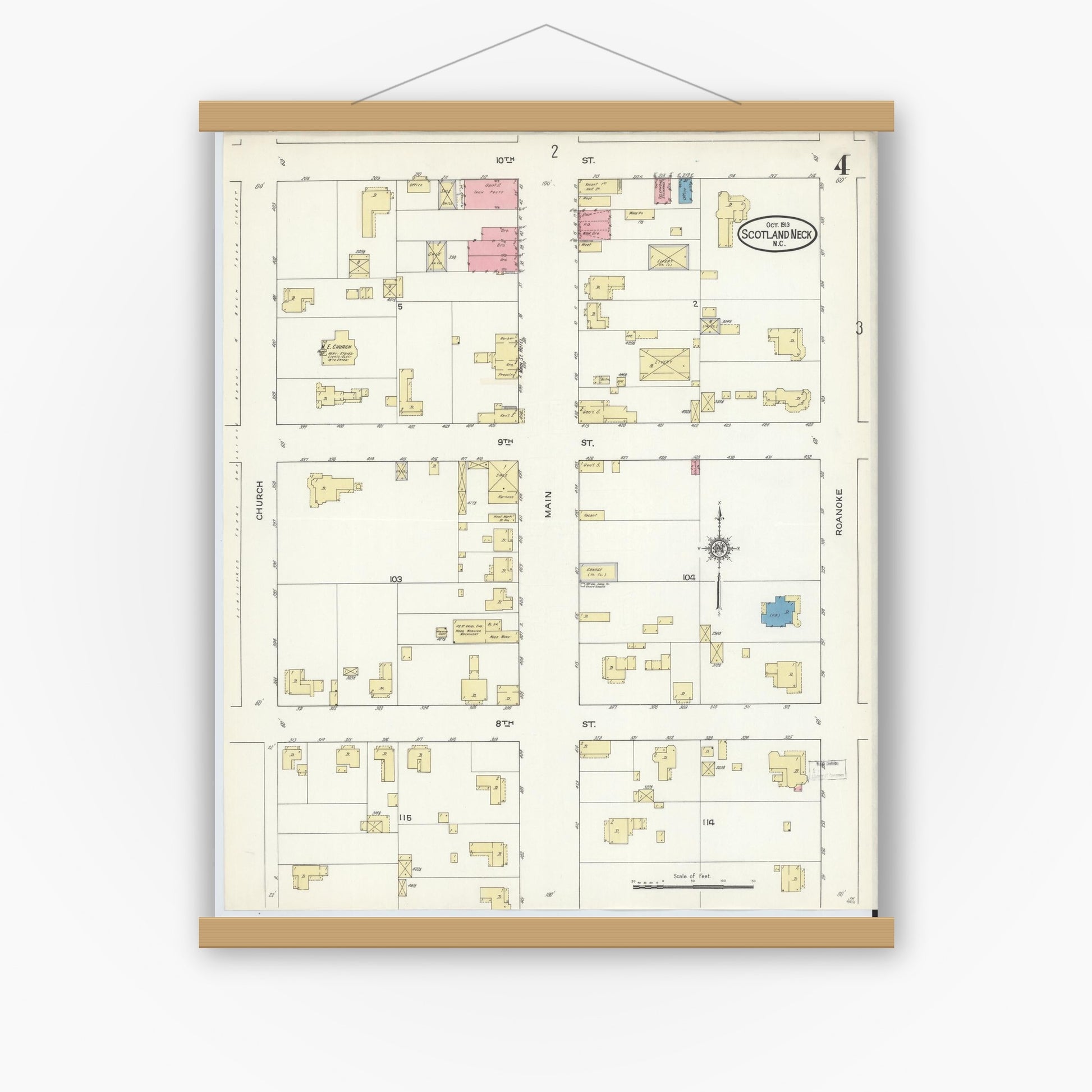 Old map wall art mockup — magnetic wood frame on white wall — Sanborn Fire Insurance Map from Scotland Neck, Halifax County, North Carolina (1913), Sheet #0004
