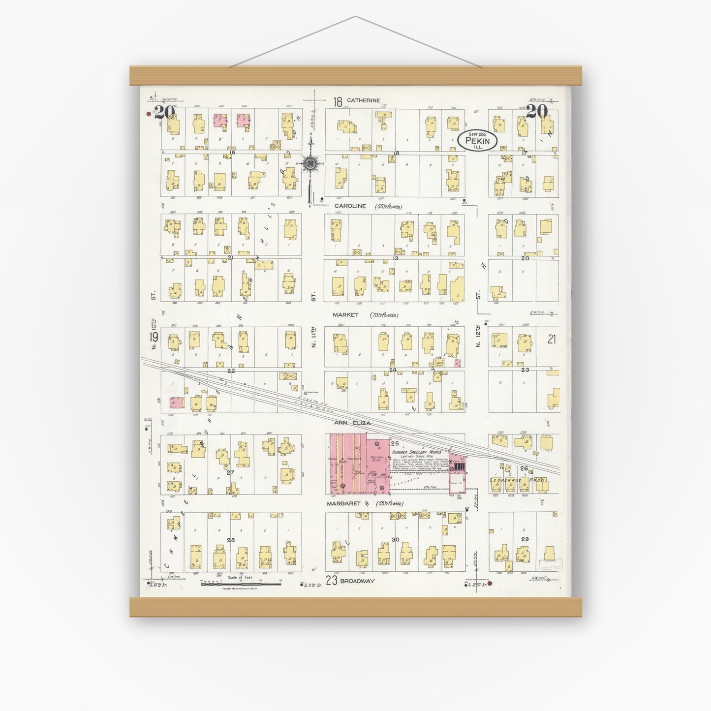Old map wall art mockup — magnetic wood frame on white wall — Sanborn Fire Insurance Map from Pekin, Tazewell County, Illinois (1925), Sheet #0020