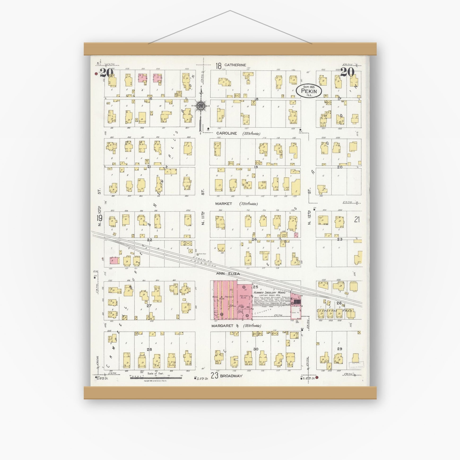 Old map wall art mockup — magnetic wood frame on white wall — Sanborn Fire Insurance Map from Pekin, Tazewell County, Illinois (1925), Sheet #0020