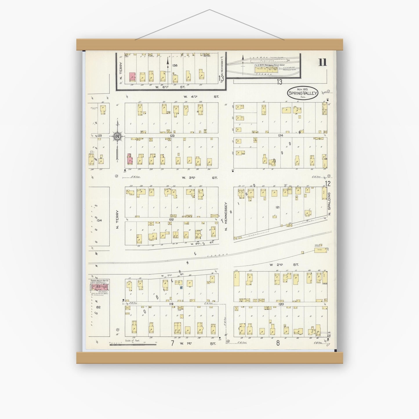 Old map wall art mockup — magnetic wood frame on white wall — Sanborn Fire Insurance Map from Spring Valley, Bureau County, Illinois (1913), Sheet #0011