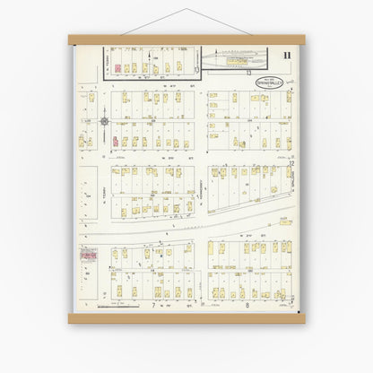 Old map wall art mockup — magnetic wood frame on white wall — Sanborn Fire Insurance Map from Spring Valley, Bureau County, Illinois (1913), Sheet #0011