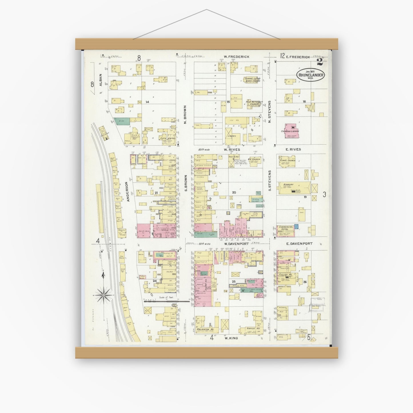 Old map wall art mockup — magnetic wood frame on white wall — Sanborn Fire Insurance Map from Rhinelander, Oneida County, Wisconsin (1908), Sheet #0002