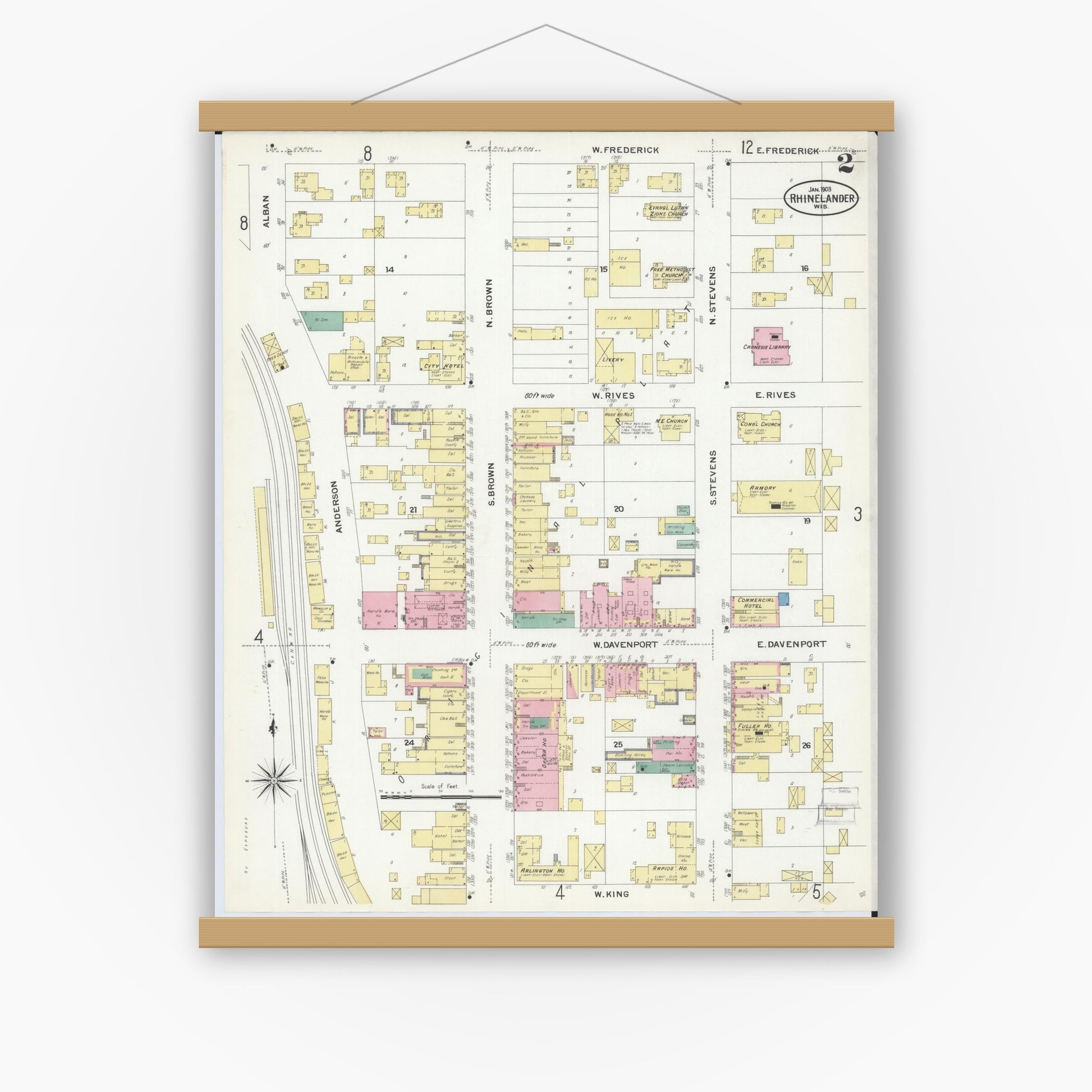 Old map wall art mockup — magnetic wood frame on white wall — Sanborn Fire Insurance Map from Rhinelander, Oneida County, Wisconsin (1908), Sheet #0002