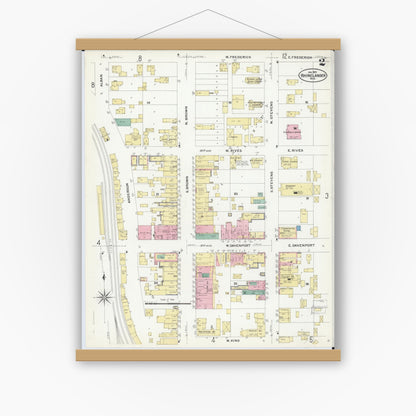 Old map wall art mockup — magnetic wood frame on white wall — Sanborn Fire Insurance Map from Rhinelander, Oneida County, Wisconsin (1908), Sheet #0002