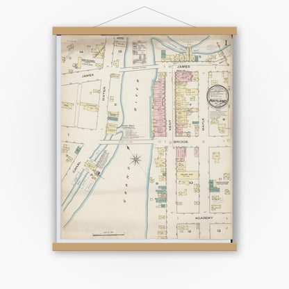 Old map wall art mockup — magnetic wood frame on white wall — Sanborn Fire Insurance Map from Portland, Ionia County, Michigan (1886) - Complete Map Set