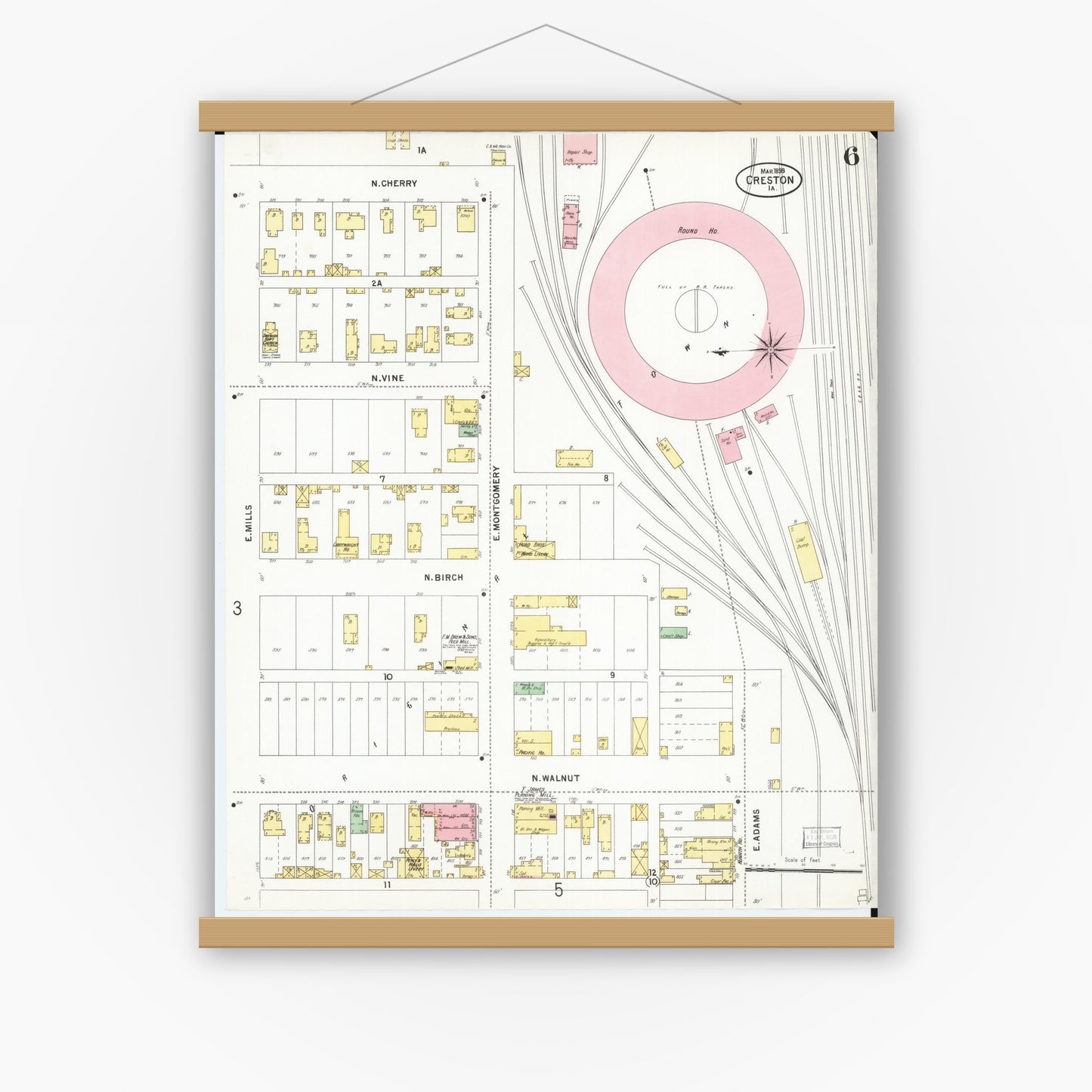 Old map wall art mockup — magnetic wood frame on white wall — Sanborn Fire Insurance Map from Creston, Union County, Iowa (1899), Sheet #0006