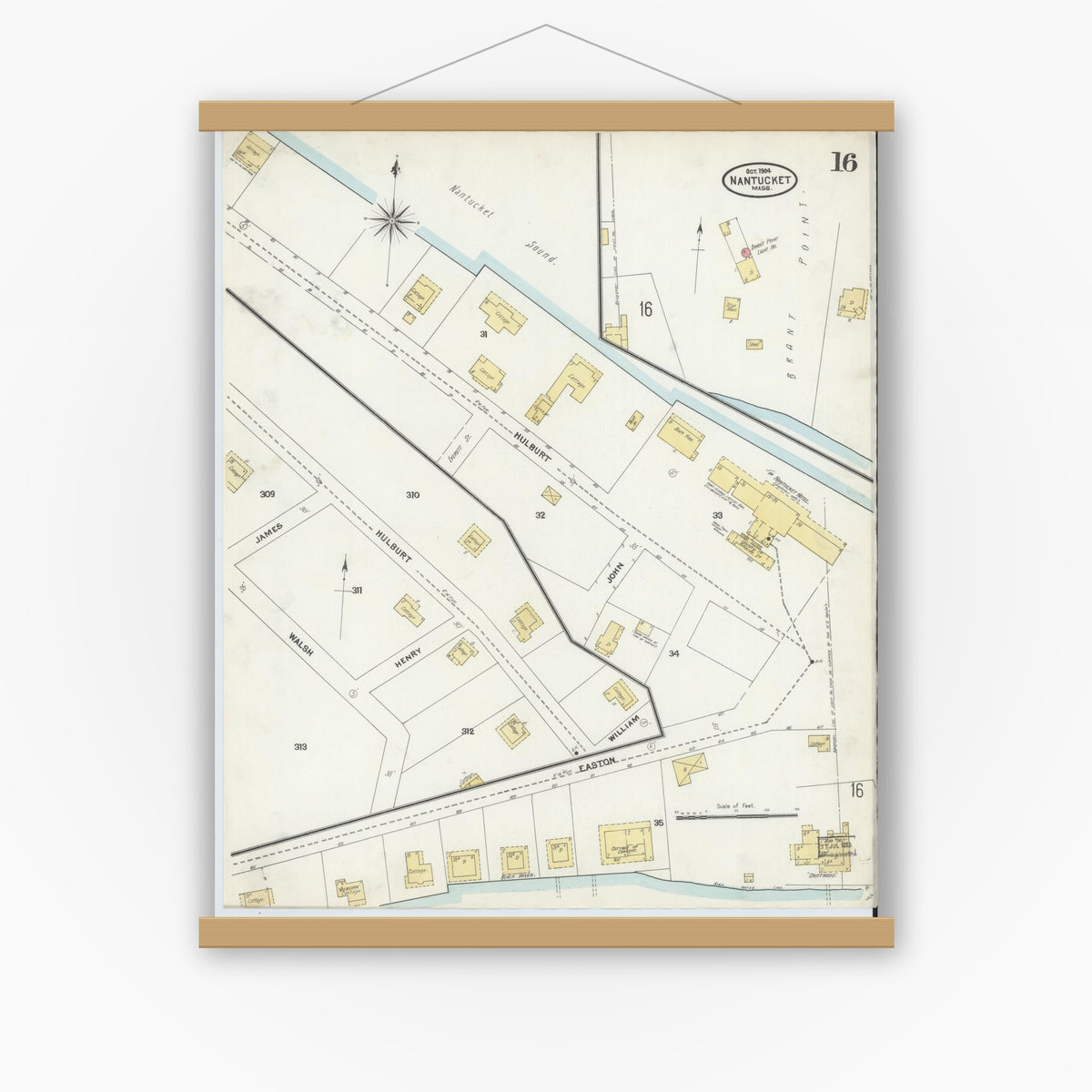 Old map wall art mockup — magnetic wood frame on white wall — Sanborn Fire Insurance Map from Nantucket, Nantucket County, Massachusetts (1904), Sheet #0016