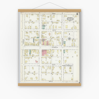 Old map wall art mockup — magnetic wood frame on white wall — Sanborn Fire Insurance Map from Bremen, Marshall County, Indiana (1892), Sheet #0002