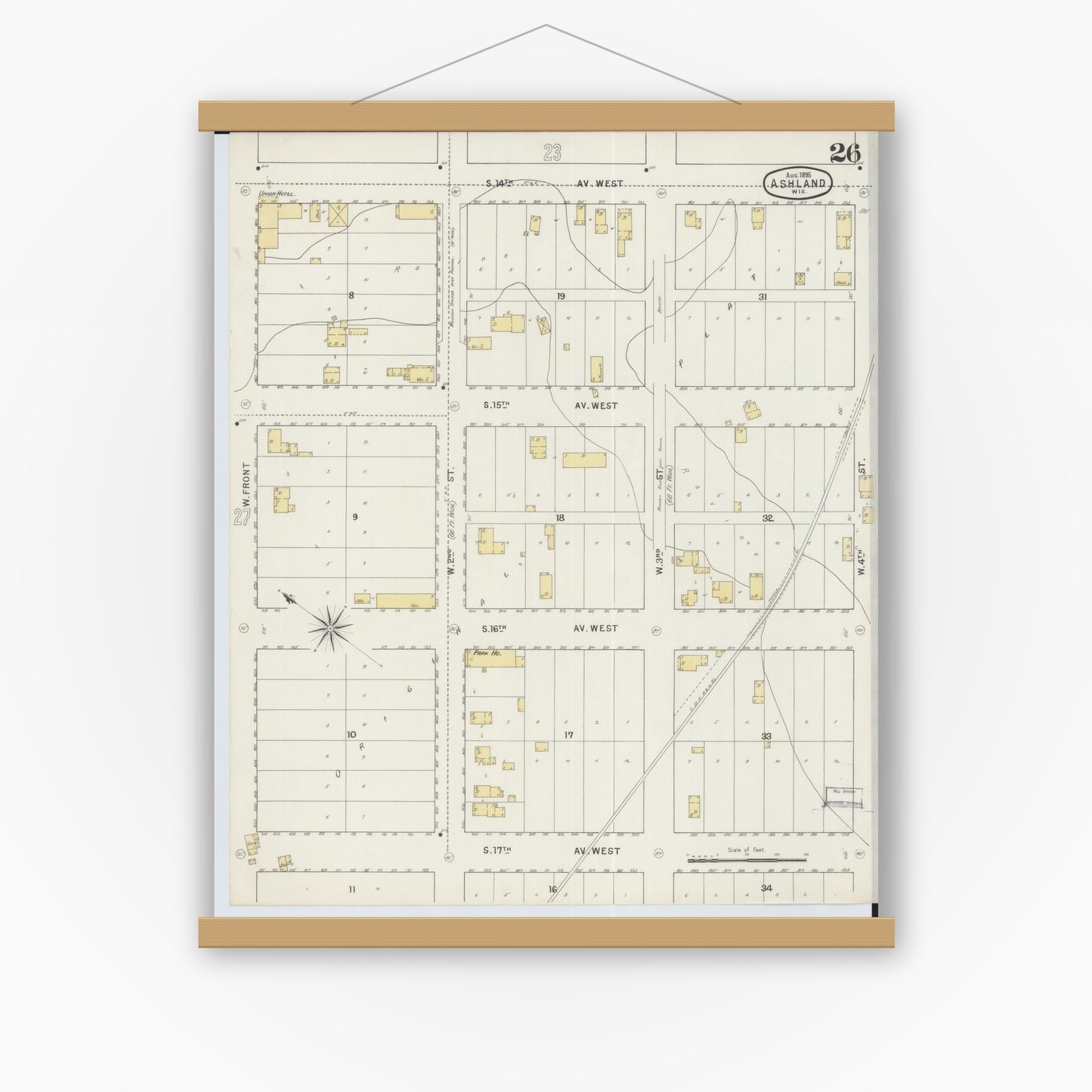 Old map wall art mockup — magnetic wood frame on white wall — Sanborn Fire Insurance Map from Ashland, Ashland County, Wisconsin (1895), Sheet #0026