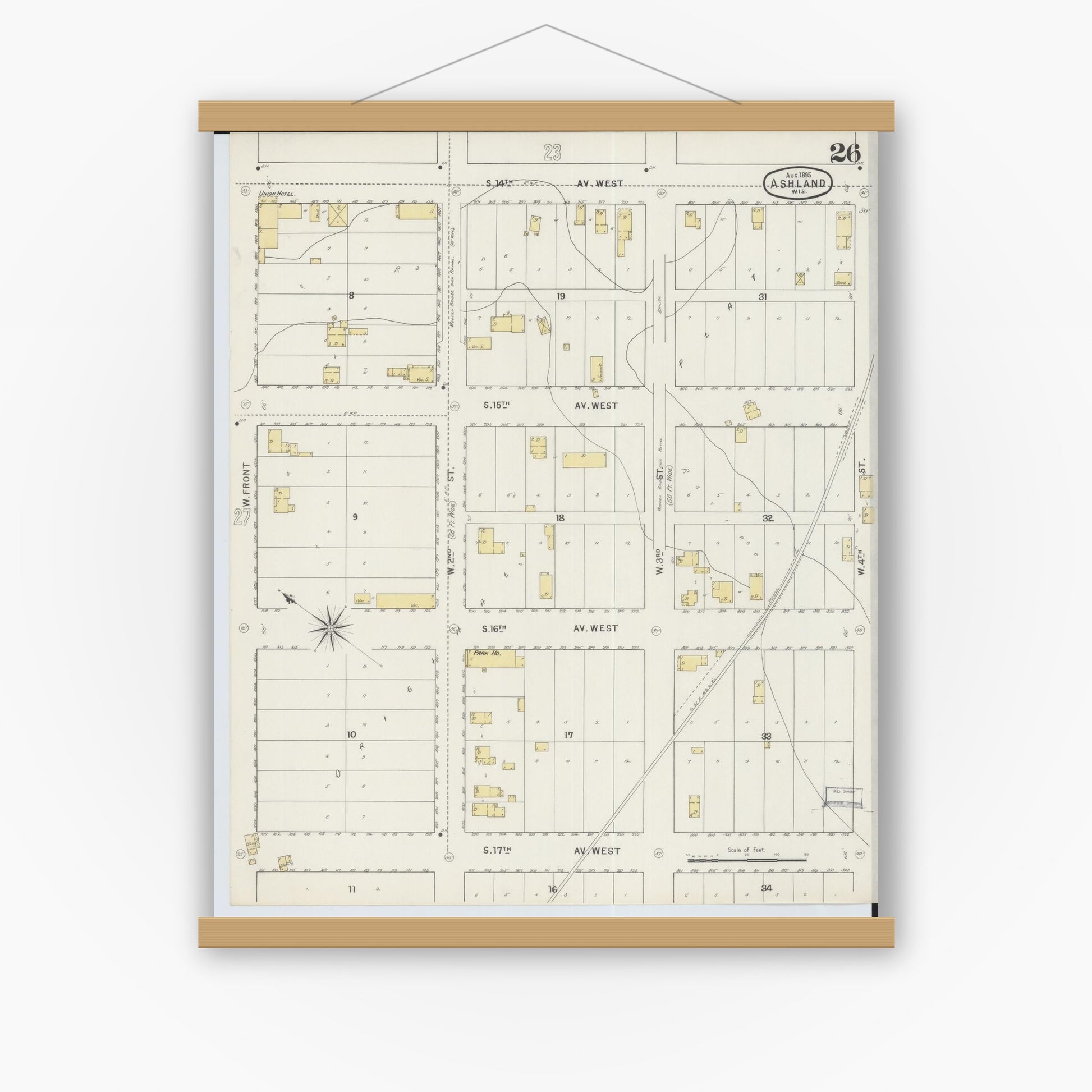 Old map wall art mockup — magnetic wood frame on white wall — Sanborn Fire Insurance Map from Ashland, Ashland County, Wisconsin (1895), Sheet #0026