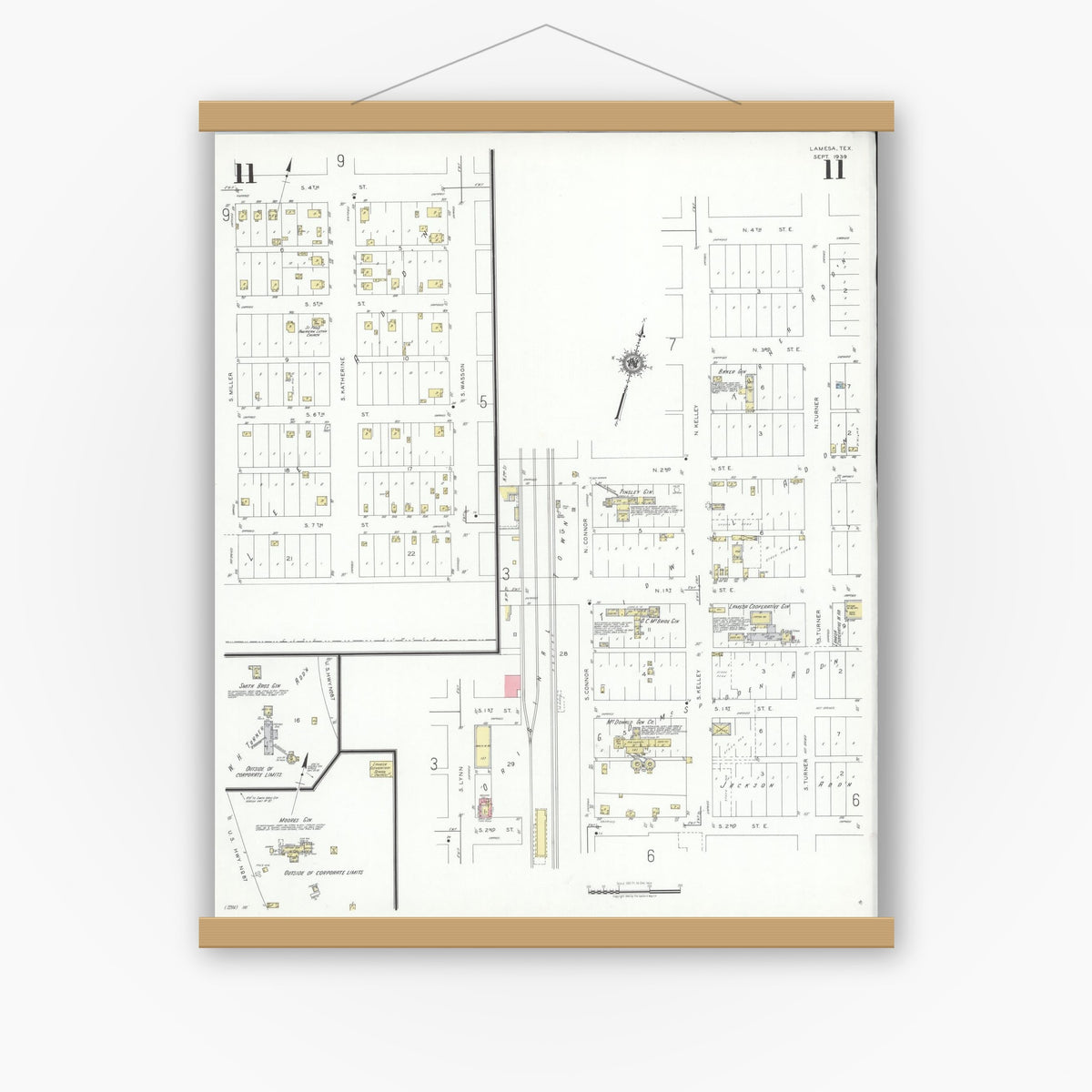 Old map wall art mockup — magnetic wood frame on white wall — Sanborn Fire Insurance Map from Lamesa, Dawson County, Texas (1939), Sheet #0011