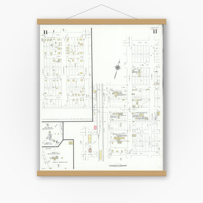 Old map wall art mockup — magnetic wood frame on white wall — Sanborn Fire Insurance Map from Lamesa, Dawson County, Texas (1939), Sheet #0011