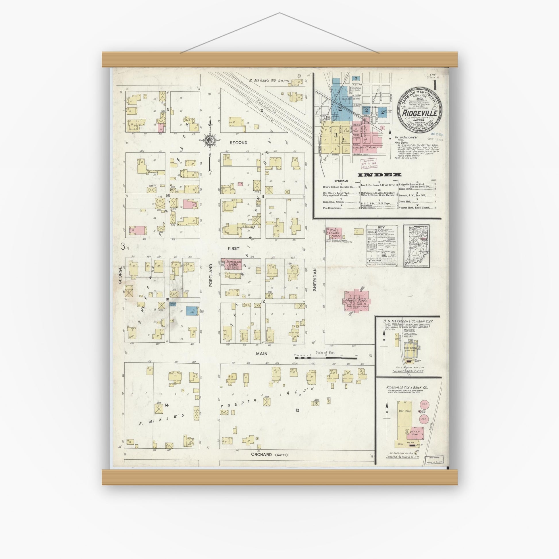 Old map wall art mockup — magnetic wood frame on white wall — Sanborn Fire Insurance Map from Ridgeville, Randolph County, Indiana (1914) - Complete Map Set