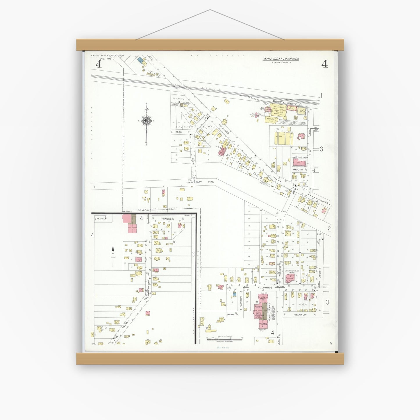 Old map wall art mockup — magnetic wood frame on white wall — Sanborn Fire Insurance Map from Canal Winchester, Franklin County, Ohio (1941), Sheet #0004