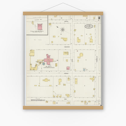Old map wall art mockup — magnetic wood frame on white wall — Sanborn Fire Insurance Map from Quincy, Gadsden County, Florida (1895), Sheet #0002