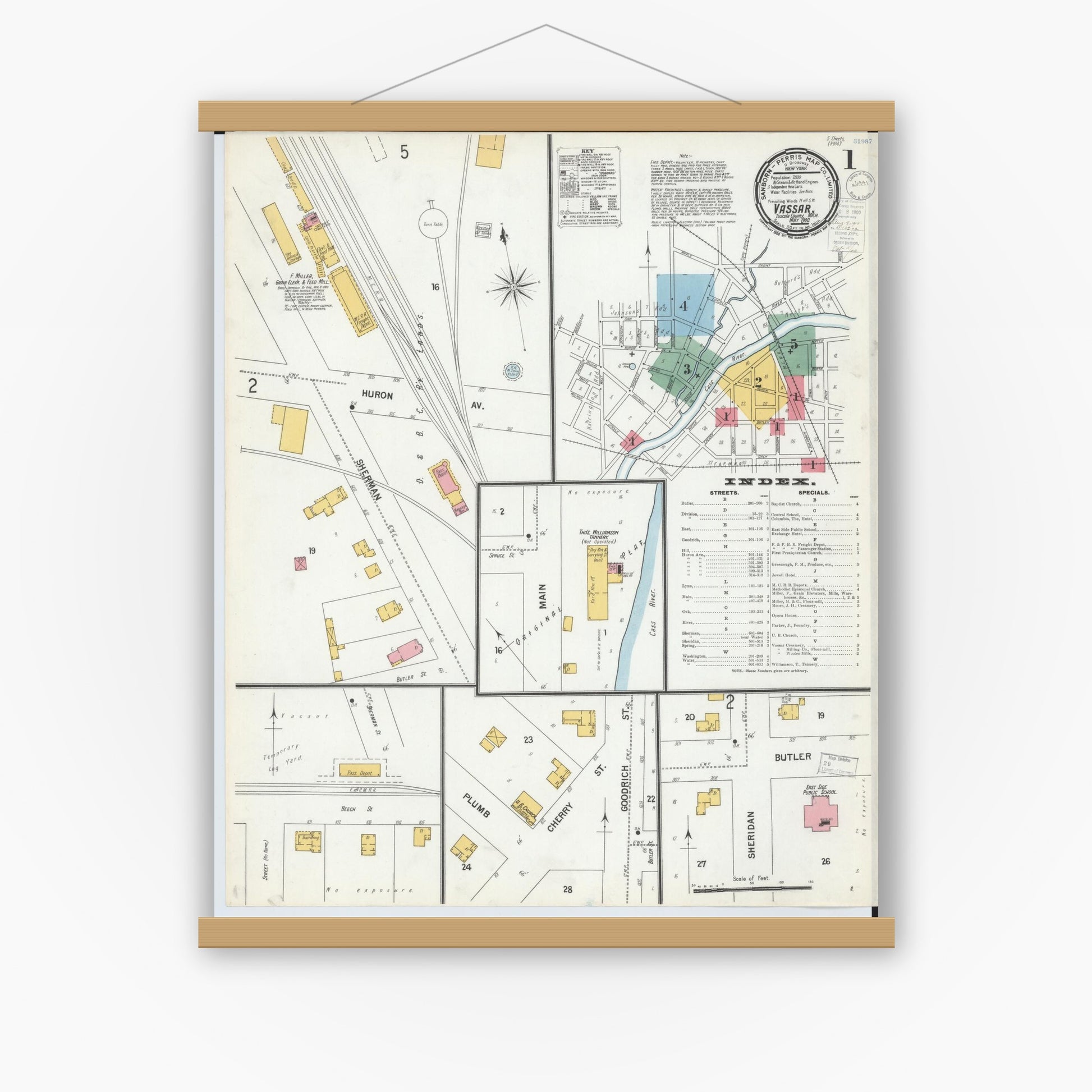 Old map wall art mockup — magnetic wood frame on white wall — Sanborn Fire Insurance Map from Vassar, Tuscola County, Michigan (1900) - Complete Map Set