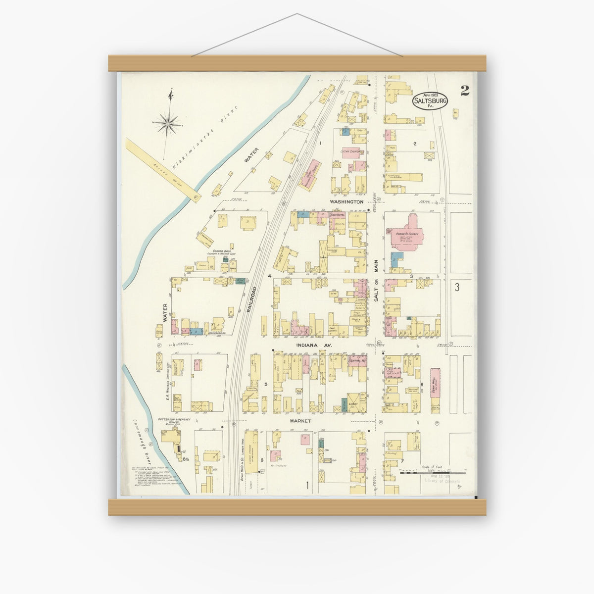 Old map wall art mockup — magnetic wood frame on white wall — Sanborn Fire Insurance Map from Saltsburg, Indiana County, Pennsylvania (1909), Sheet #0002