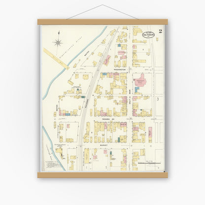 Old map wall art mockup — magnetic wood frame on white wall — Sanborn Fire Insurance Map from Saltsburg, Indiana County, Pennsylvania (1909), Sheet #0002