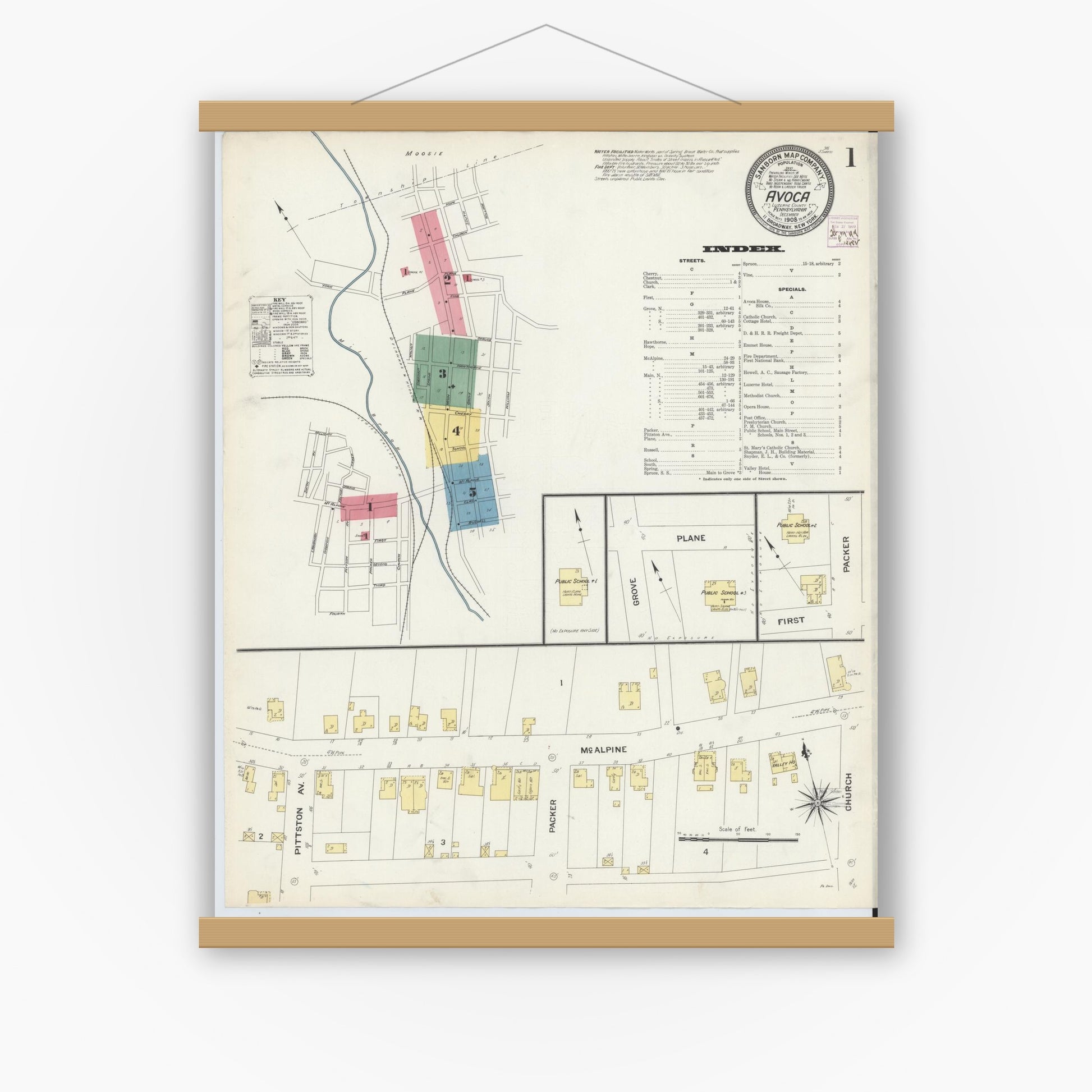 Old map wall art mockup — magnetic wood frame on white wall — Sanborn Fire Insurance Map from Avoca, Luzerne County, Pennsylvania (1908) - Complete Map Set