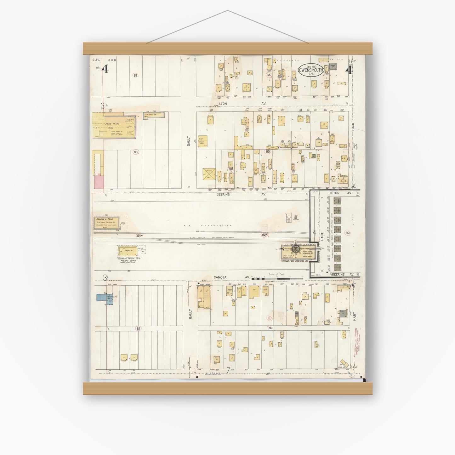 Old map wall art mockup — magnetic wood frame on white wall — Sanborn Fire Insurance Map from Canoga Park, Los Angeles County, California (1932), Sheet #0004
